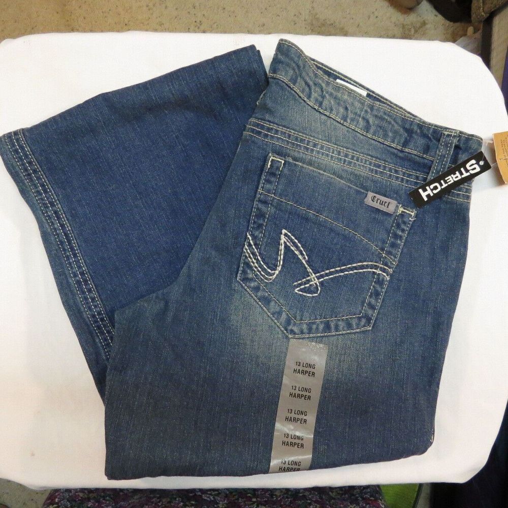 NWT Cruel Harper Jeans Distress Stretch Low Rise Relax Fit Straight Size 13 Long
